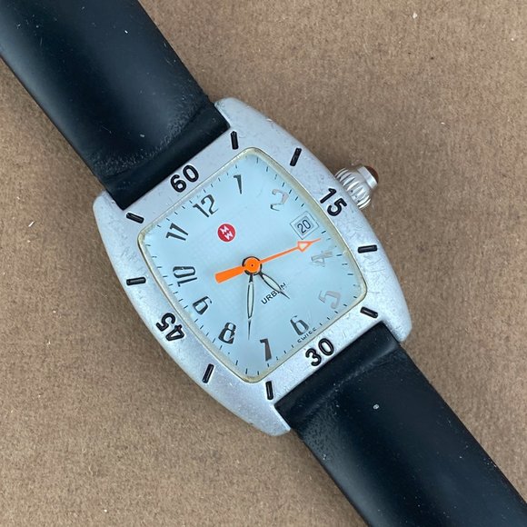 Michele Urban Mini Aluminum White Dial Black Band Watch Swiss Made with Date - Picture 2 of 7